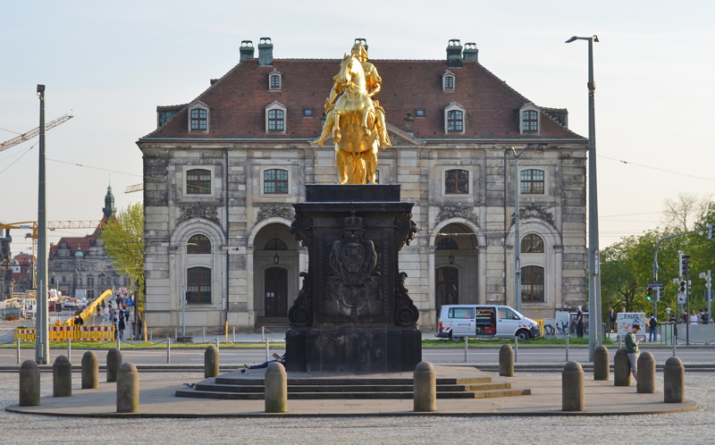 19 - The famous Goldener Reiter (Golden Rider) equestrian statue of Augustus the Strong in front of the historic Blockhaus building on Neustädter Markt in Dresden